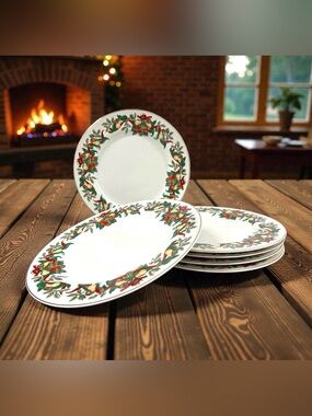 AMC Christmas Bounty Dinner Plates Set of 6 Japan Gold Trim Holiday 10⅜” Vintage